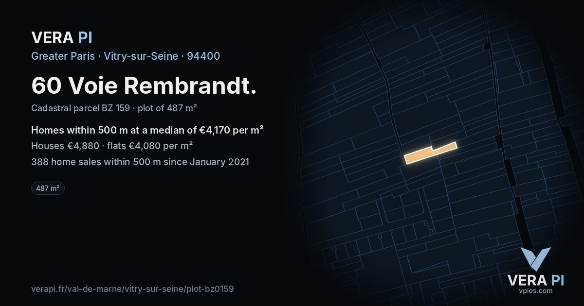 60 Voie Rembrandt, Vitry-sur-Seine at night – the plot lit, the parcels around coloured by the prices near them