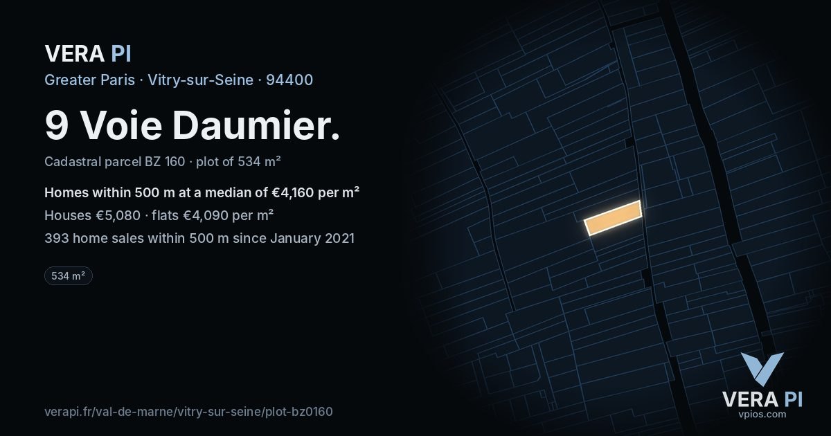 9 Voie Daumier, Vitry-sur-Seine at night – the plot lit, the parcels around coloured by the prices near them