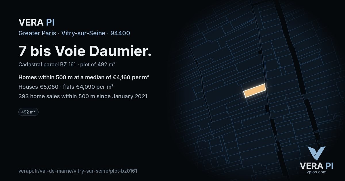 7 bis Voie Daumier, Vitry-sur-Seine at night – the plot lit, the parcels around coloured by the prices near them