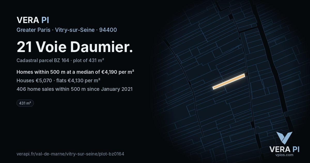 21 Voie Daumier, Vitry-sur-Seine at night – the plot lit, the parcels around coloured by the prices near them