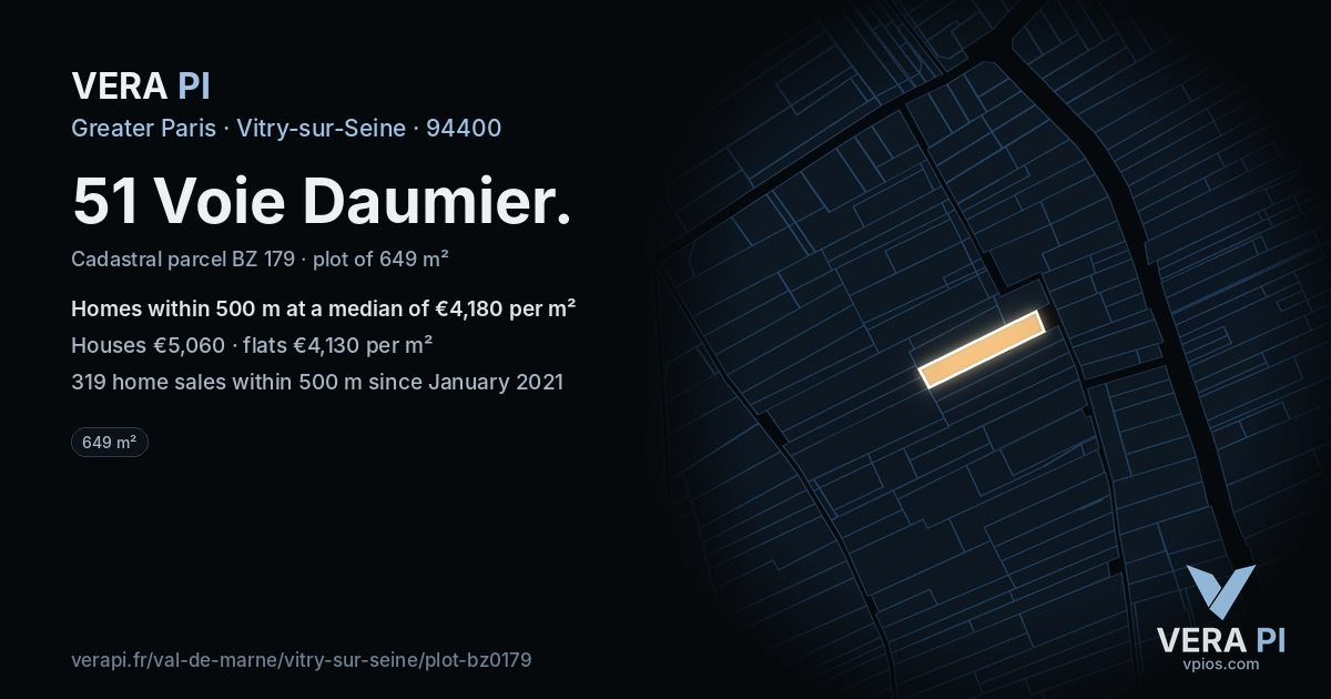 51 Voie Daumier, Vitry-sur-Seine at night – the plot lit, the parcels around coloured by the prices near them