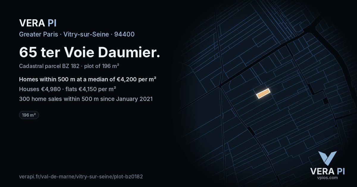 65 ter Voie Daumier, Vitry-sur-Seine at night – the plot lit, the parcels around coloured by the prices near them