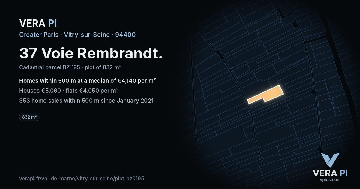 37 Voie Rembrandt, Vitry-sur-Seine at night – the plot lit, the parcels around coloured by the prices near them