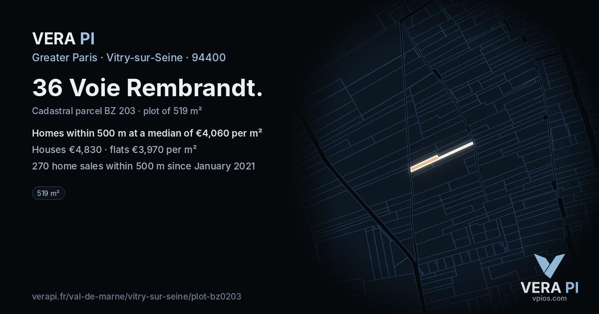 36 Voie Rembrandt, Vitry-sur-Seine at night – the plot lit, the parcels around coloured by the prices near them