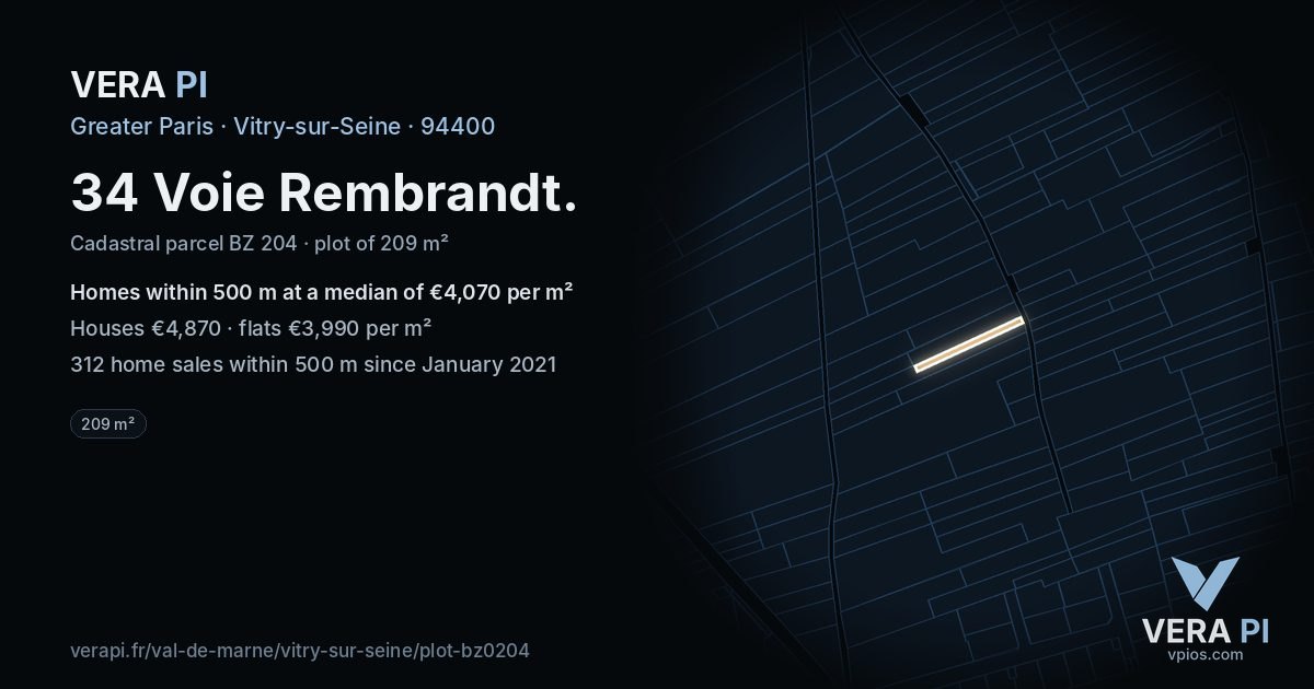 34 Voie Rembrandt, Vitry-sur-Seine at night – the plot lit, the parcels around coloured by the prices near them