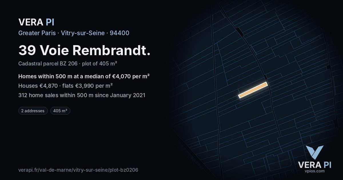 39 Voie Rembrandt, Vitry-sur-Seine at night – the plot lit, the parcels around coloured by the prices near them