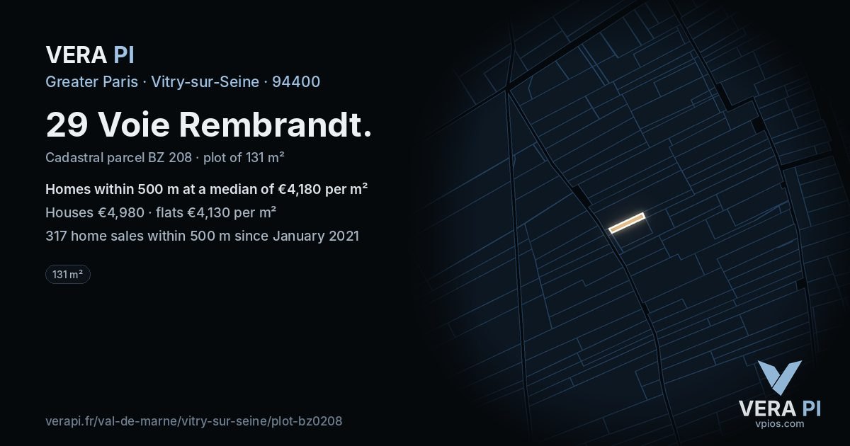 29 Voie Rembrandt, Vitry-sur-Seine at night – the plot lit, the parcels around coloured by the prices near them
