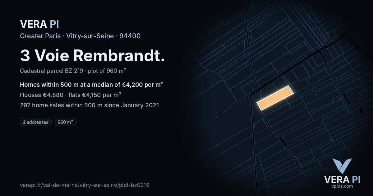 3 Voie Rembrandt, Vitry-sur-Seine at night – the plot lit, the parcels around coloured by the prices near them