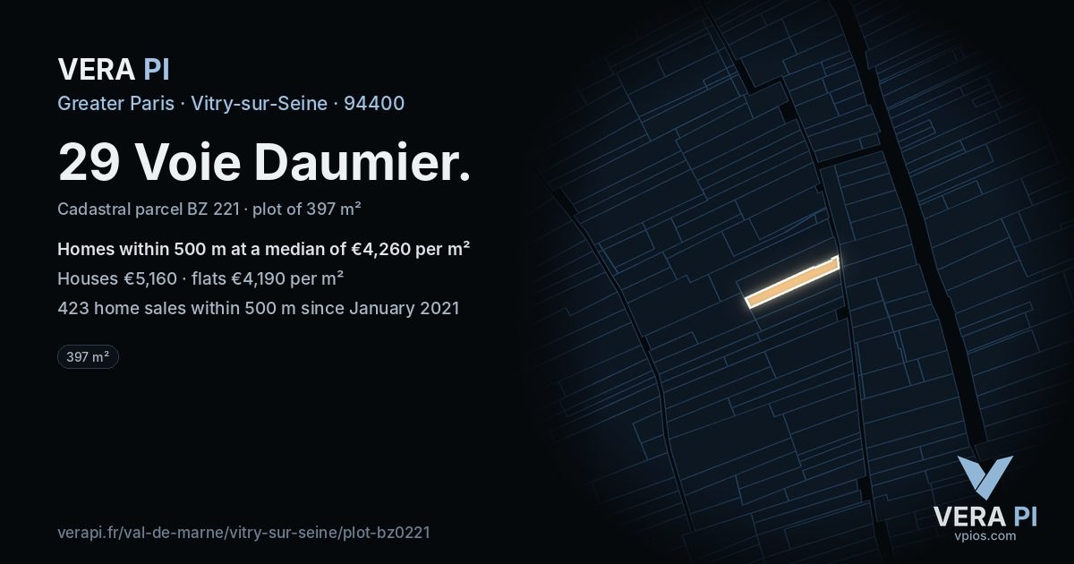 29 Voie Daumier, Vitry-sur-Seine at night – the plot lit, the parcels around coloured by the prices near them