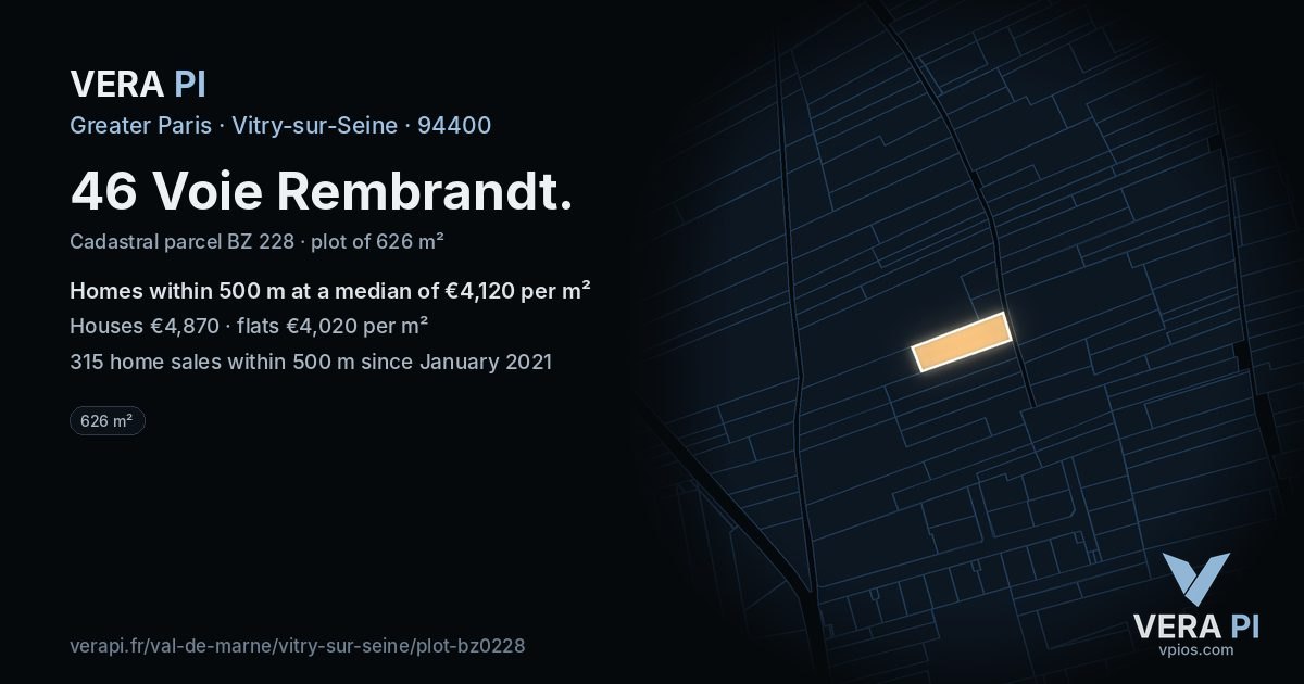 46 Voie Rembrandt, Vitry-sur-Seine at night – the plot lit, the parcels around coloured by the prices near them