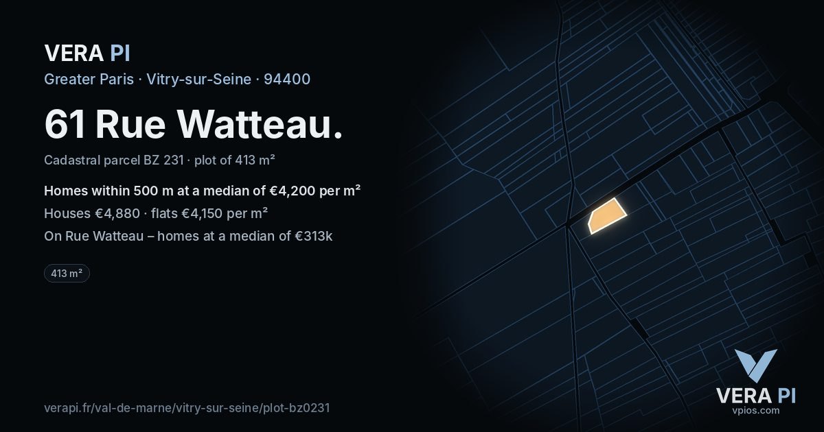 61 Rue Watteau, Vitry-sur-Seine at night – the plot lit, the parcels around coloured by the prices near them