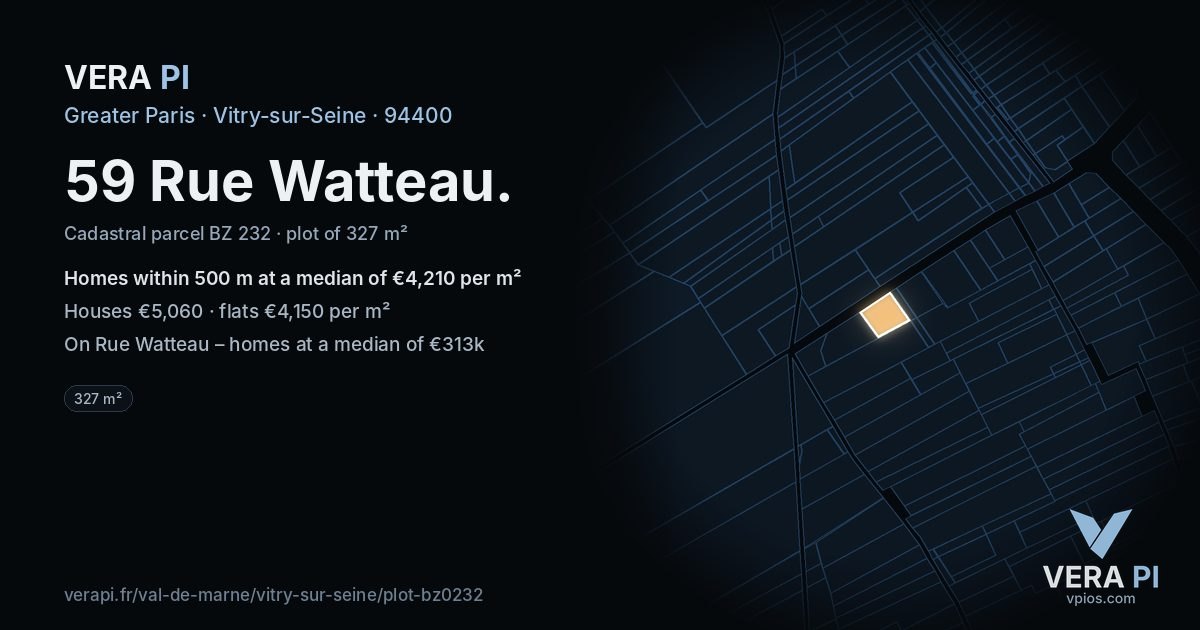 59 Rue Watteau, Vitry-sur-Seine at night – the plot lit, the parcels around coloured by the prices near them