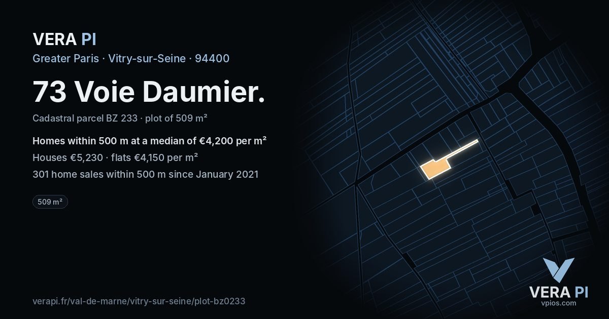 73 Voie Daumier, Vitry-sur-Seine at night – the plot lit, the parcels around coloured by the prices near them