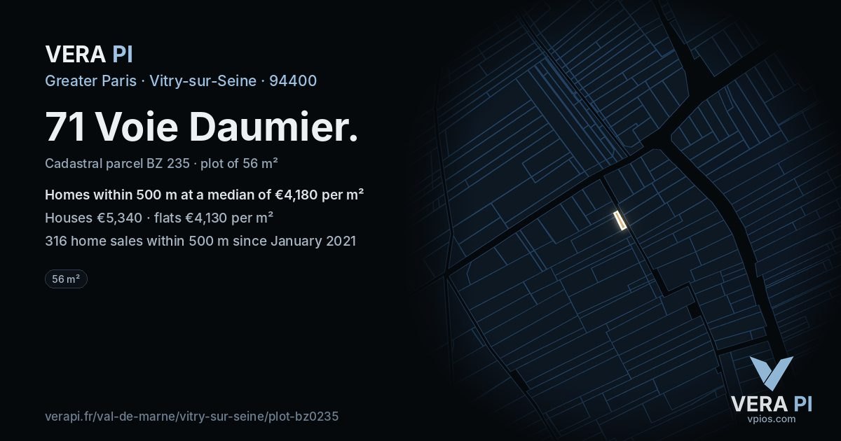 71 Voie Daumier, Vitry-sur-Seine at night – the plot lit, the parcels around coloured by the prices near them