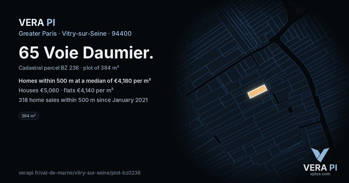 65 Voie Daumier, Vitry-sur-Seine at night – the plot lit, the parcels around coloured by the prices near them