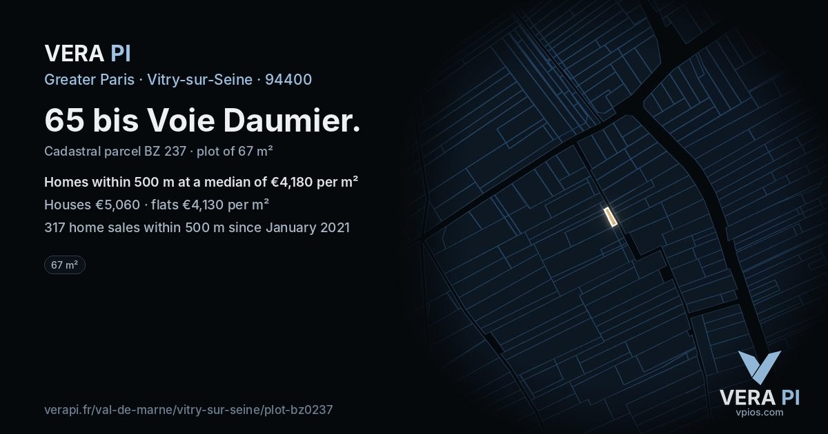65 bis Voie Daumier, Vitry-sur-Seine at night – the plot lit, the parcels around coloured by the prices near them