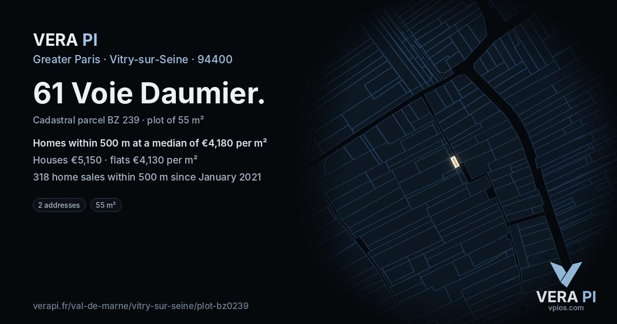 61 Voie Daumier, Vitry-sur-Seine at night – the plot lit, the parcels around coloured by the prices near them