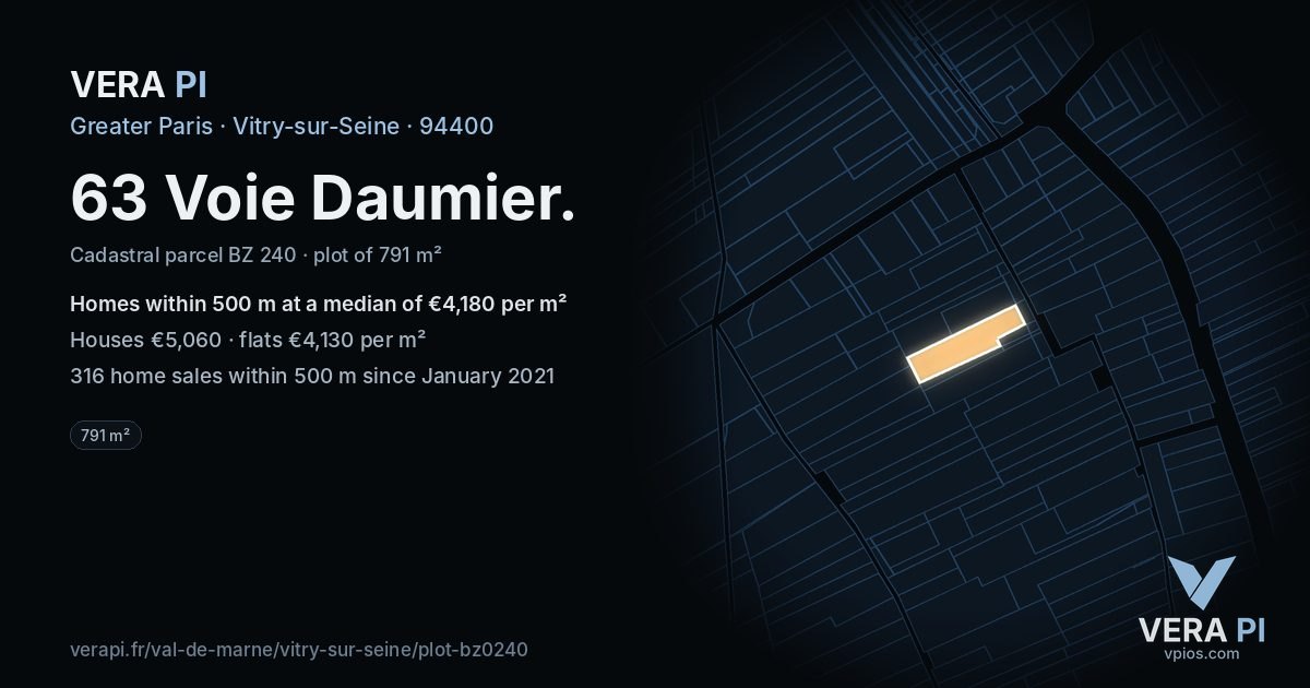 63 Voie Daumier, Vitry-sur-Seine at night – the plot lit, the parcels around coloured by the prices near them