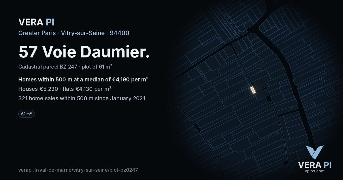 57 Voie Daumier, Vitry-sur-Seine at night – the plot lit, the parcels around coloured by the prices near them