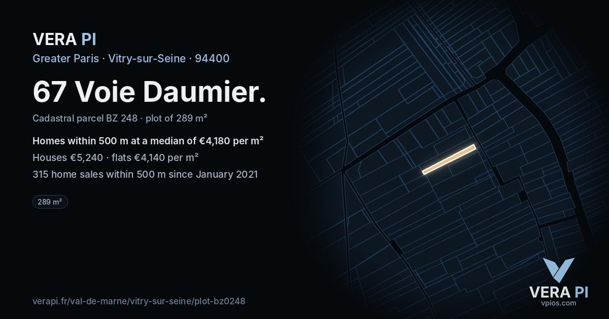 67 Voie Daumier, Vitry-sur-Seine at night – the plot lit, the parcels around coloured by the prices near them