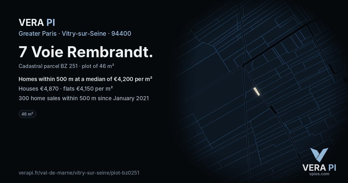 7 Voie Rembrandt, Vitry-sur-Seine at night – the plot lit, the parcels around coloured by the prices near them