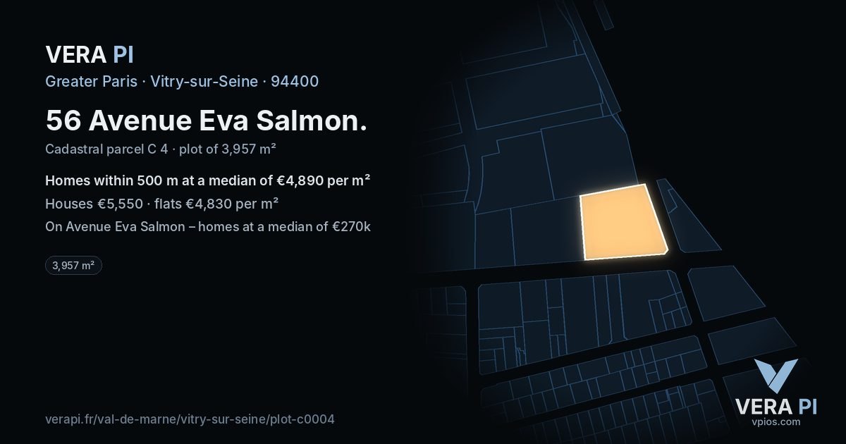 56 Avenue Eva Salmon, Vitry-sur-Seine at night – the plot lit, the parcels around coloured by the prices near them