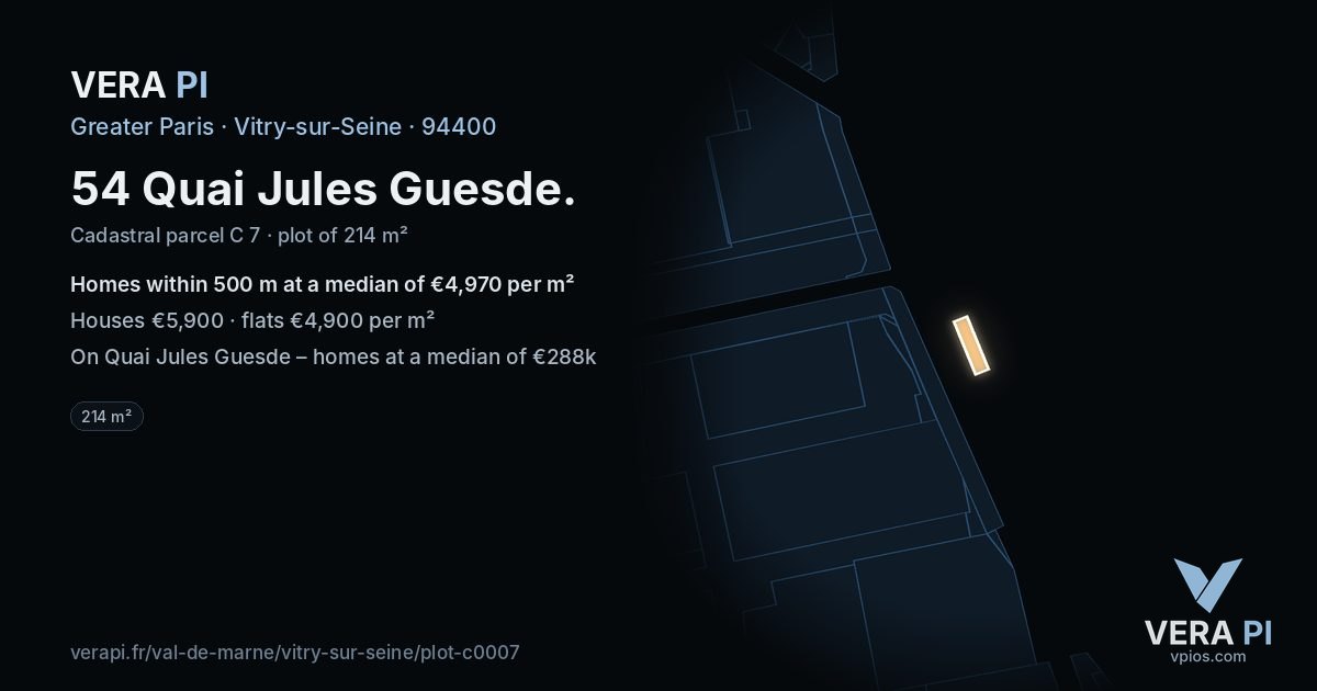 54 Quai Jules Guesde, Vitry-sur-Seine at night – the plot lit, the parcels around coloured by the prices near them
