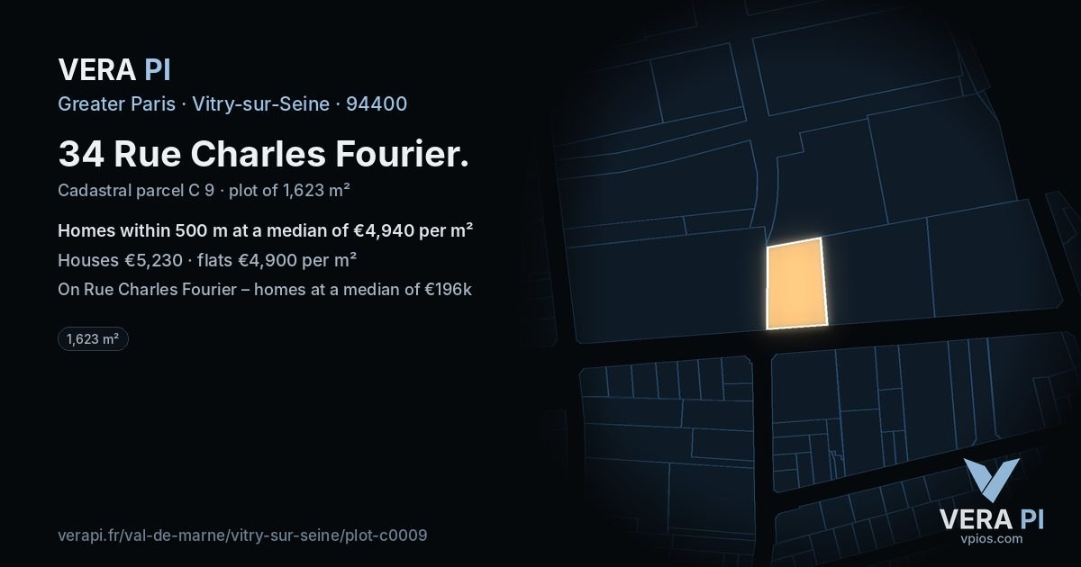 34 Rue Charles Fourier, Vitry-sur-Seine at night – the plot lit, the parcels around coloured by the prices near them