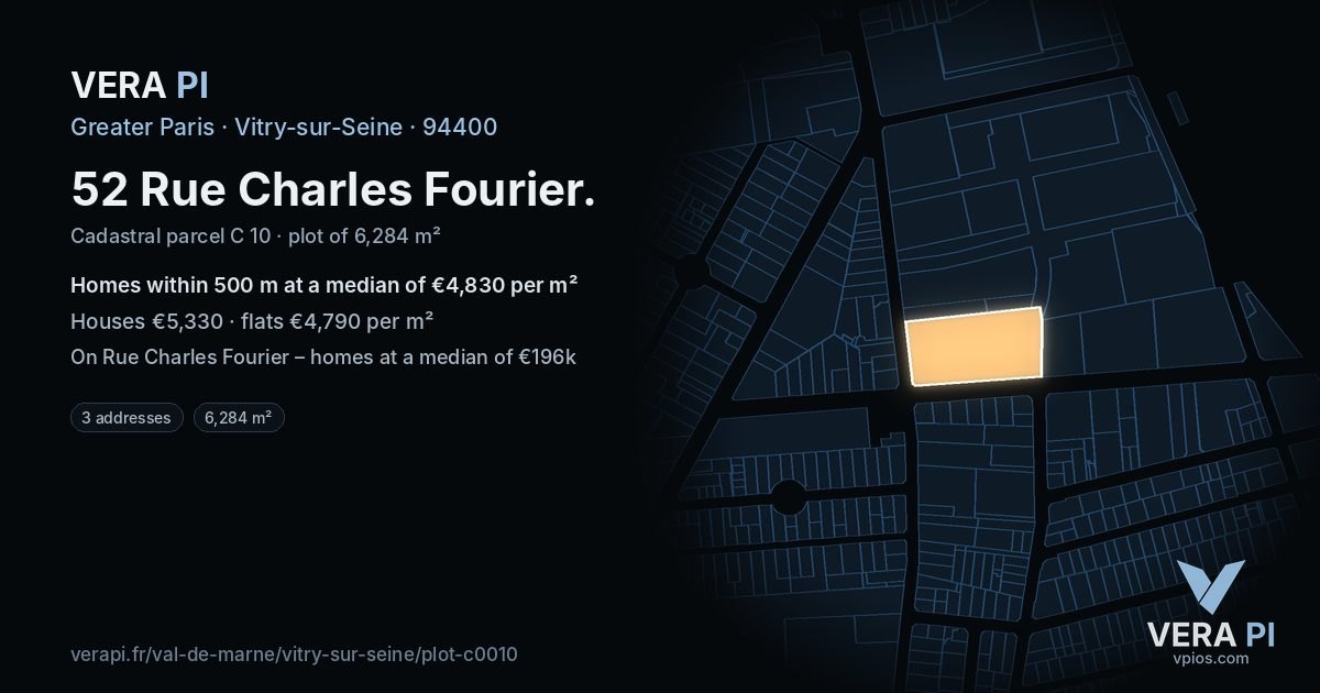 52 Rue Charles Fourier, Vitry-sur-Seine at night – the plot lit, the parcels around coloured by the prices near them