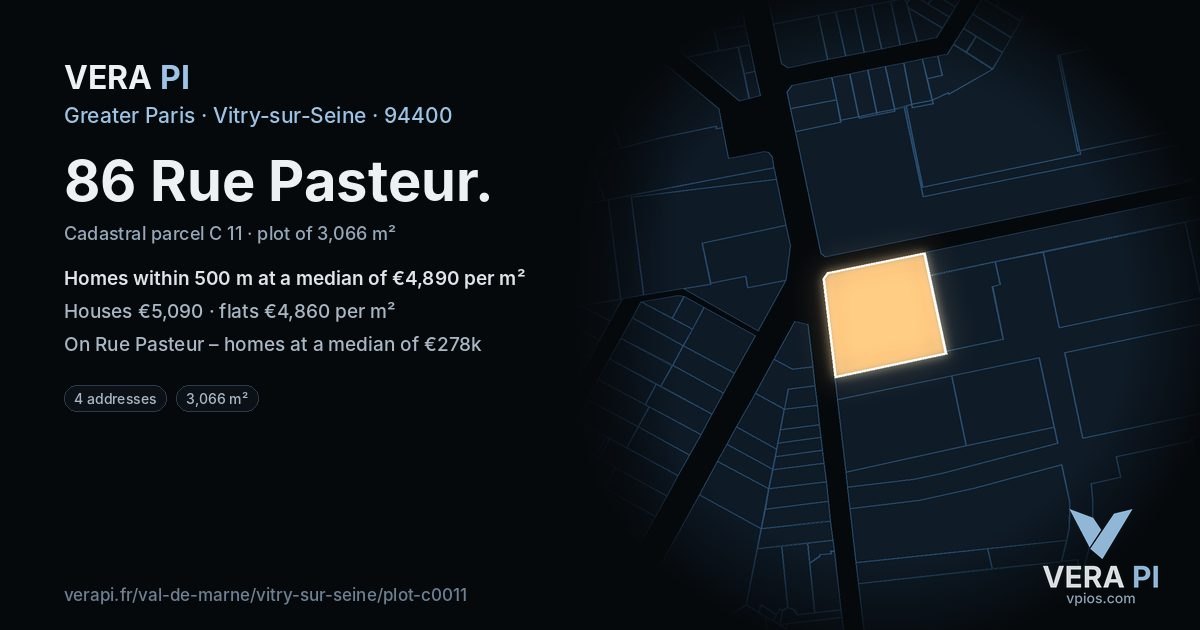 86 Rue Pasteur, Vitry-sur-Seine at night – the plot lit, the parcels around coloured by the prices near them