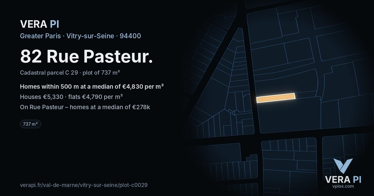 82 Rue Pasteur, Vitry-sur-Seine at night – the plot lit, the parcels around coloured by the prices near them