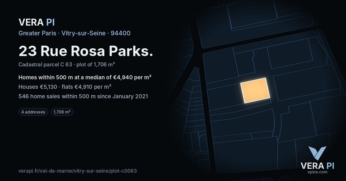 23 Rue Rosa Parks, Vitry-sur-Seine at night – the plot lit, the parcels around coloured by the prices near them
