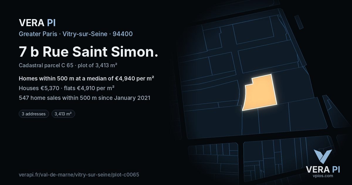 7 b Rue Saint Simon, Vitry-sur-Seine at night – the plot lit, the parcels around coloured by the prices near them