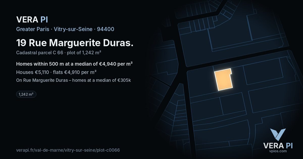 19 Rue Marguerite Duras, Vitry-sur-Seine at night – the plot lit, the parcels around coloured by the prices near them