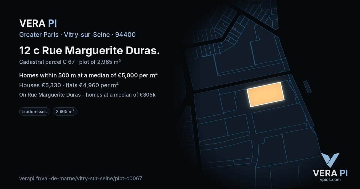 12 c Rue Marguerite Duras, Vitry-sur-Seine at night – the plot lit, the parcels around coloured by the prices near them