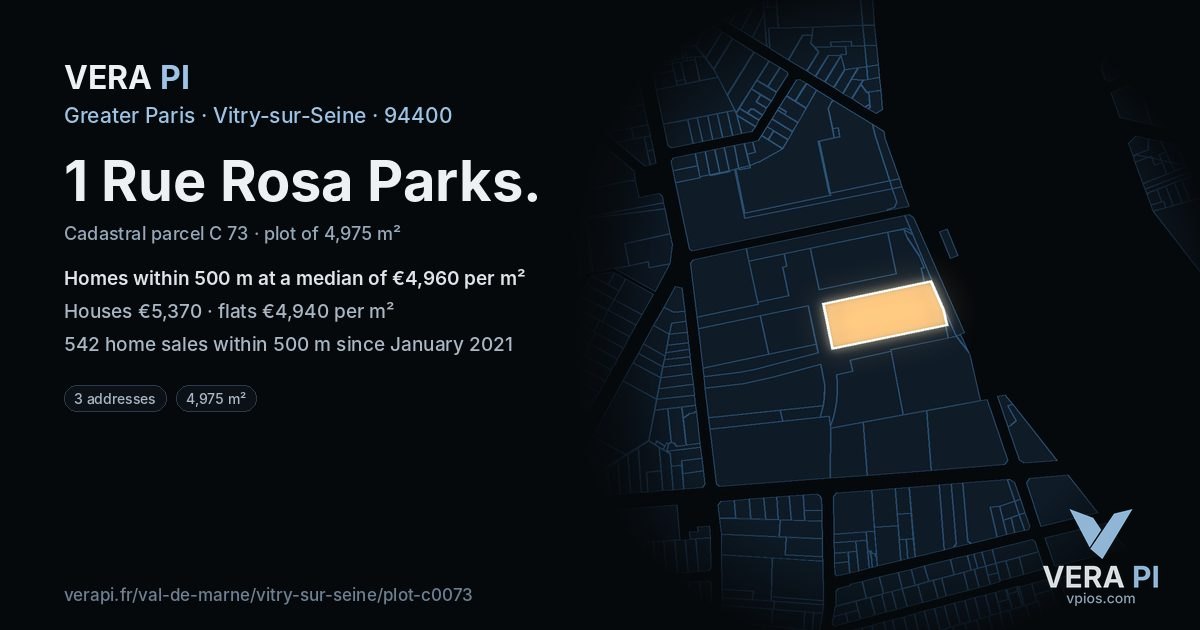 1 Rue Rosa Parks, Vitry-sur-Seine at night – the plot lit, the parcels around coloured by the prices near them