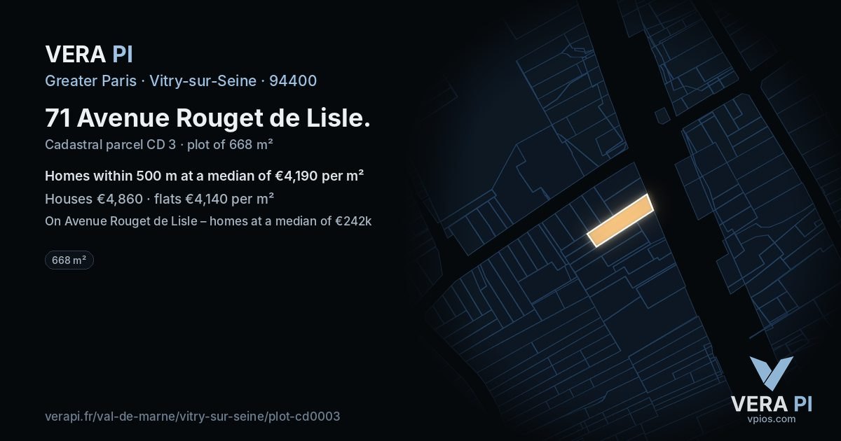 71 Avenue Rouget de Lisle, Vitry-sur-Seine at night – the plot lit, the parcels around coloured by the prices near them