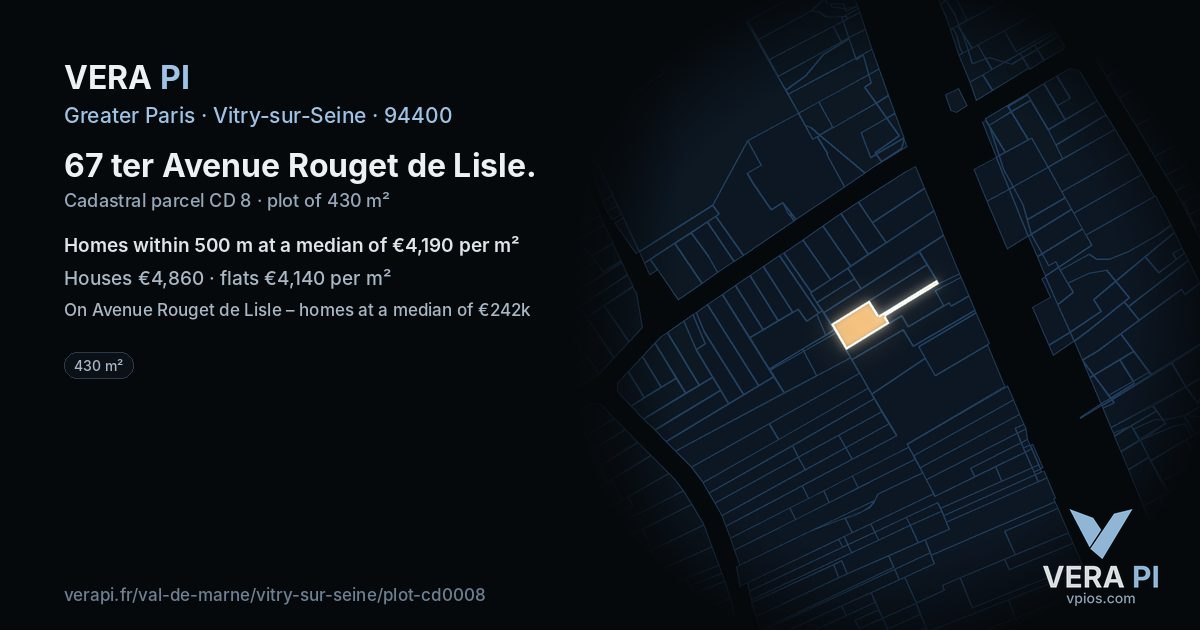 67 ter Avenue Rouget de Lisle, Vitry-sur-Seine at night – the plot lit, the parcels around coloured by the prices near them