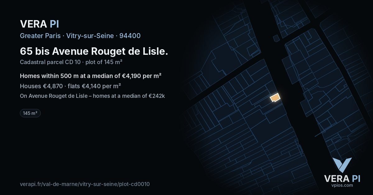 65 bis Avenue Rouget de Lisle, Vitry-sur-Seine at night – the plot lit, the parcels around coloured by the prices near them