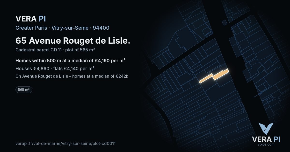 65 Avenue Rouget de Lisle, Vitry-sur-Seine at night – the plot lit, the parcels around coloured by the prices near them