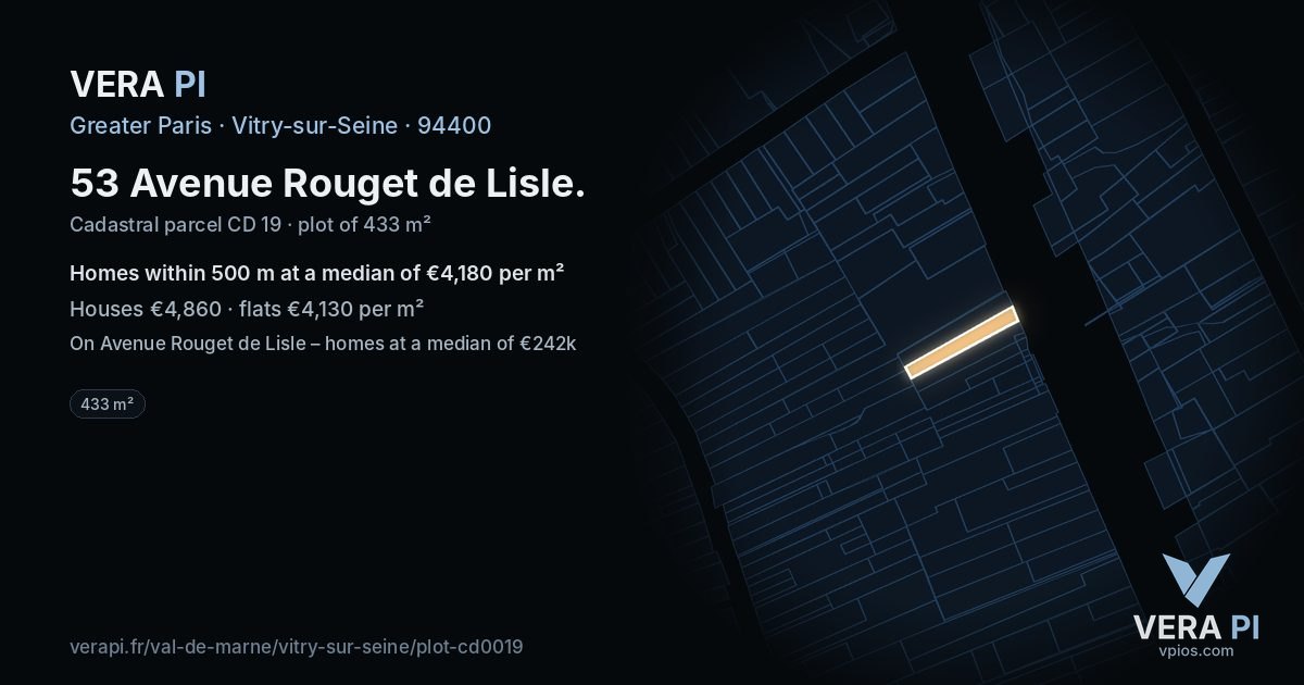 53 Avenue Rouget de Lisle, Vitry-sur-Seine at night – the plot lit, the parcels around coloured by the prices near them
