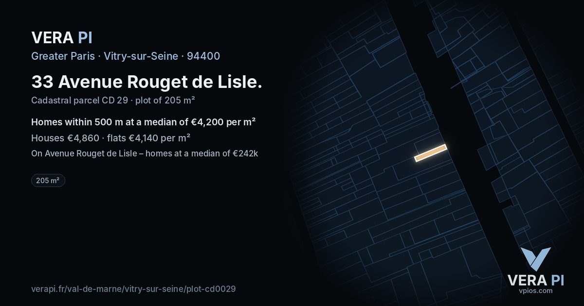 33 Avenue Rouget de Lisle, Vitry-sur-Seine at night – the plot lit, the parcels around coloured by the prices near them