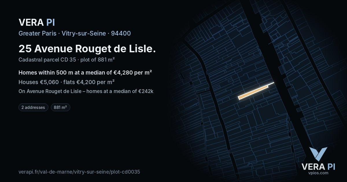25 Avenue Rouget de Lisle, Vitry-sur-Seine at night – the plot lit, the parcels around coloured by the prices near them