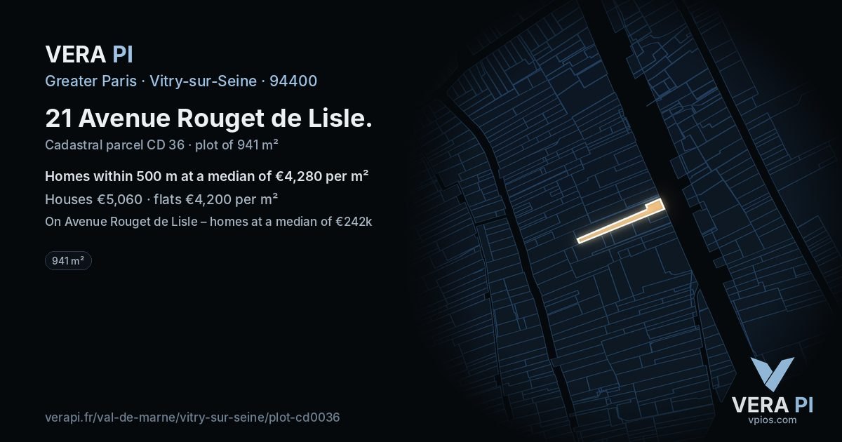 21 Avenue Rouget de Lisle, Vitry-sur-Seine at night – the plot lit, the parcels around coloured by the prices near them