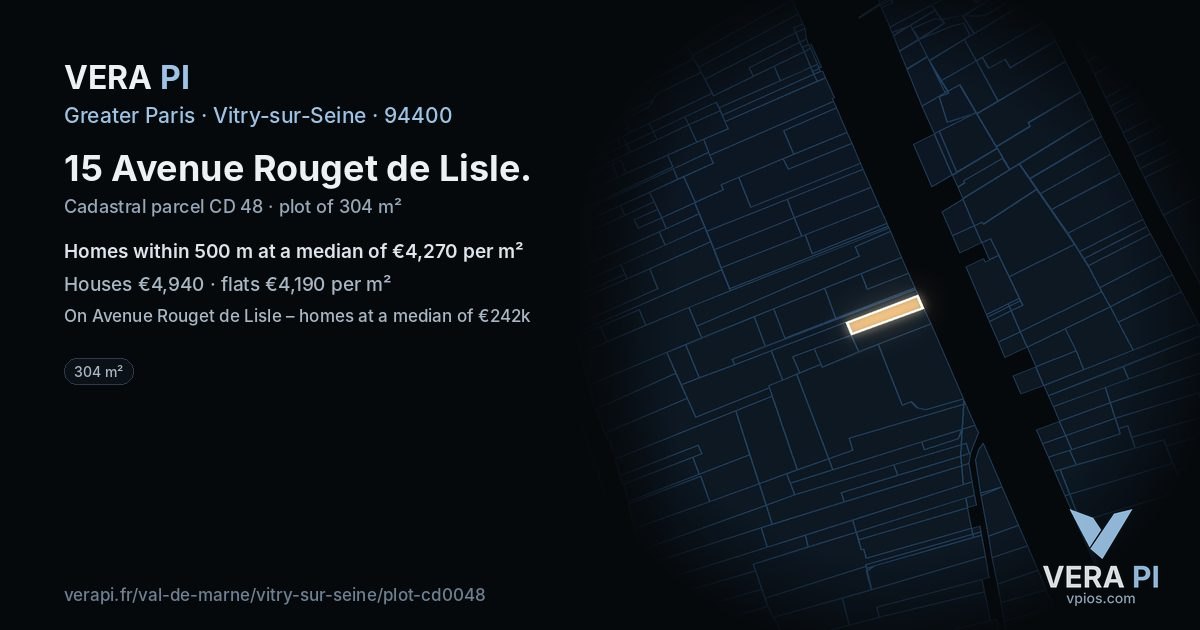 15 Avenue Rouget de Lisle, Vitry-sur-Seine at night – the plot lit, the parcels around coloured by the prices near them
