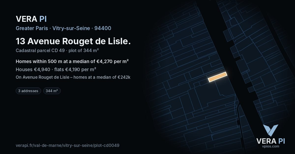 13 Avenue Rouget de Lisle, Vitry-sur-Seine at night – the plot lit, the parcels around coloured by the prices near them