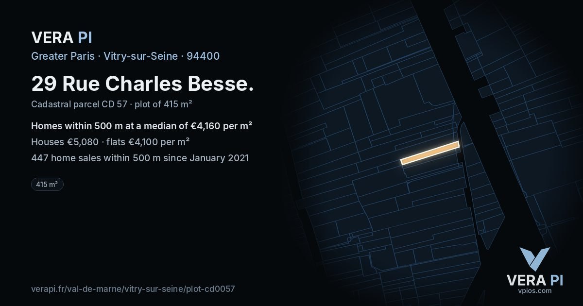 29 Rue Charles Besse, Vitry-sur-Seine at night – the plot lit, the parcels around coloured by the prices near them
