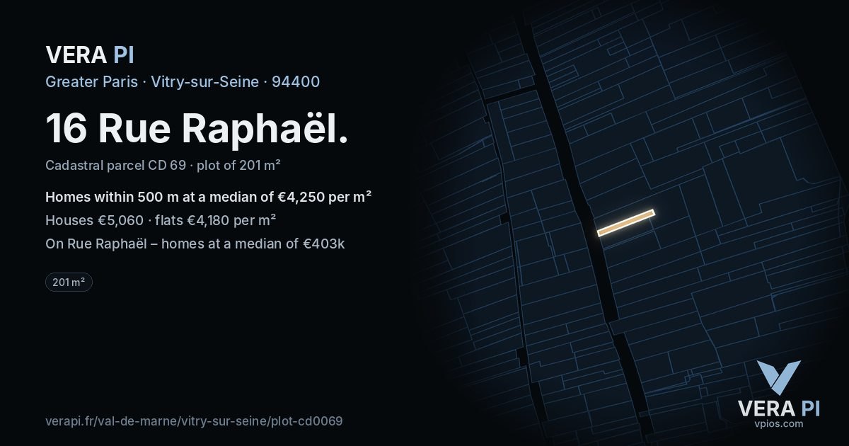 16 Rue Raphaël, Vitry-sur-Seine at night – the plot lit, the parcels around coloured by the prices near them