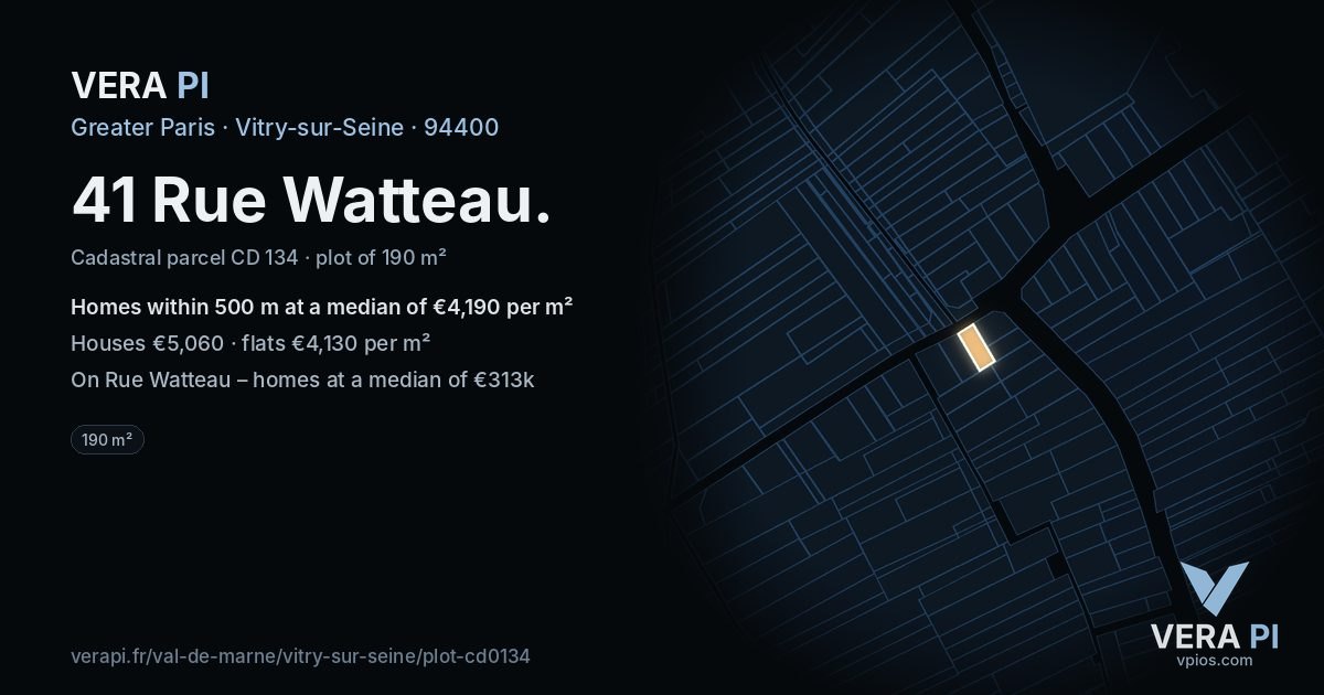 41 Rue Watteau, Vitry-sur-Seine at night – the plot lit, the parcels around coloured by the prices near them