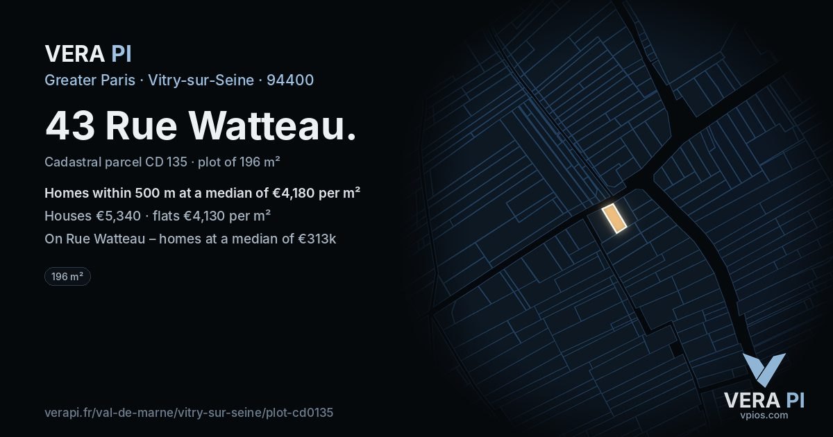 43 Rue Watteau, Vitry-sur-Seine at night – the plot lit, the parcels around coloured by the prices near them